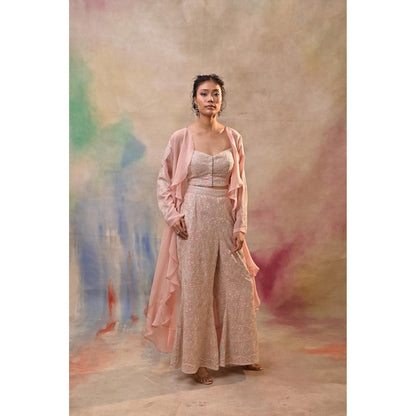 Jasashi Blush Pink Embroidered Indo-Western Crop Top with Palazzo and Cape (Set of 3)