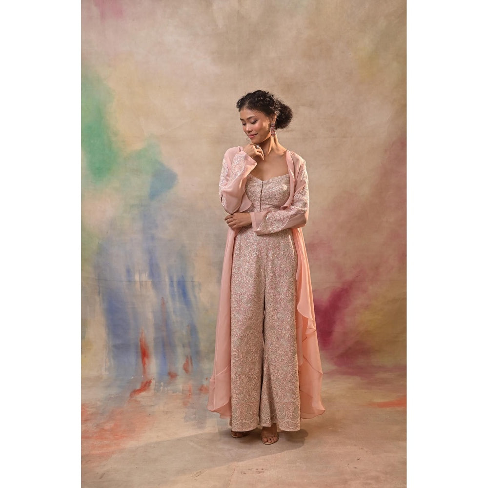 Jasashi Blush Pink Embroidered Indo-Western Crop Top with Palazzo and Cape (Set of 3)