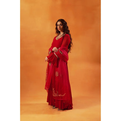Jasashi Radiant Red Embroidery Anarkali with Dupatta (Set of 2)