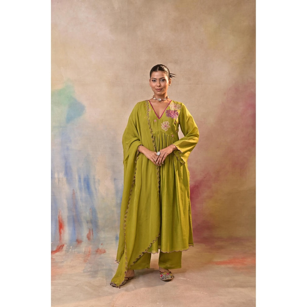 Jasashi Green Floral Embroidered Kurta with Palazzo and Dupatta (Set of 3)