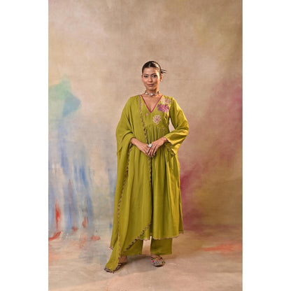 Jasashi Green Floral Embroidered Kurta with Palazzo and Dupatta (Set of 3)
