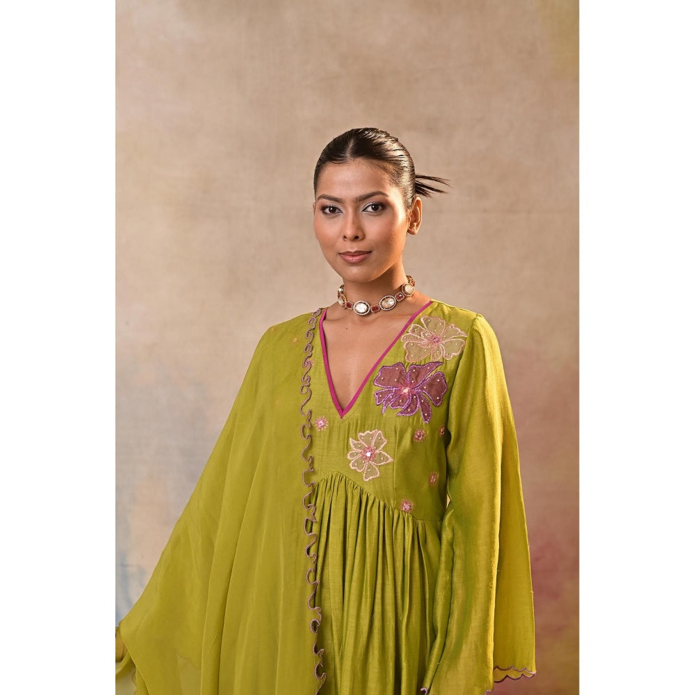 Jasashi Green Floral Embroidered Kurta with Palazzo and Dupatta (Set of 3)