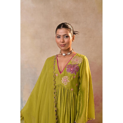 Jasashi Green Floral Embroidered Kurta with Palazzo and Dupatta (Set of 3)