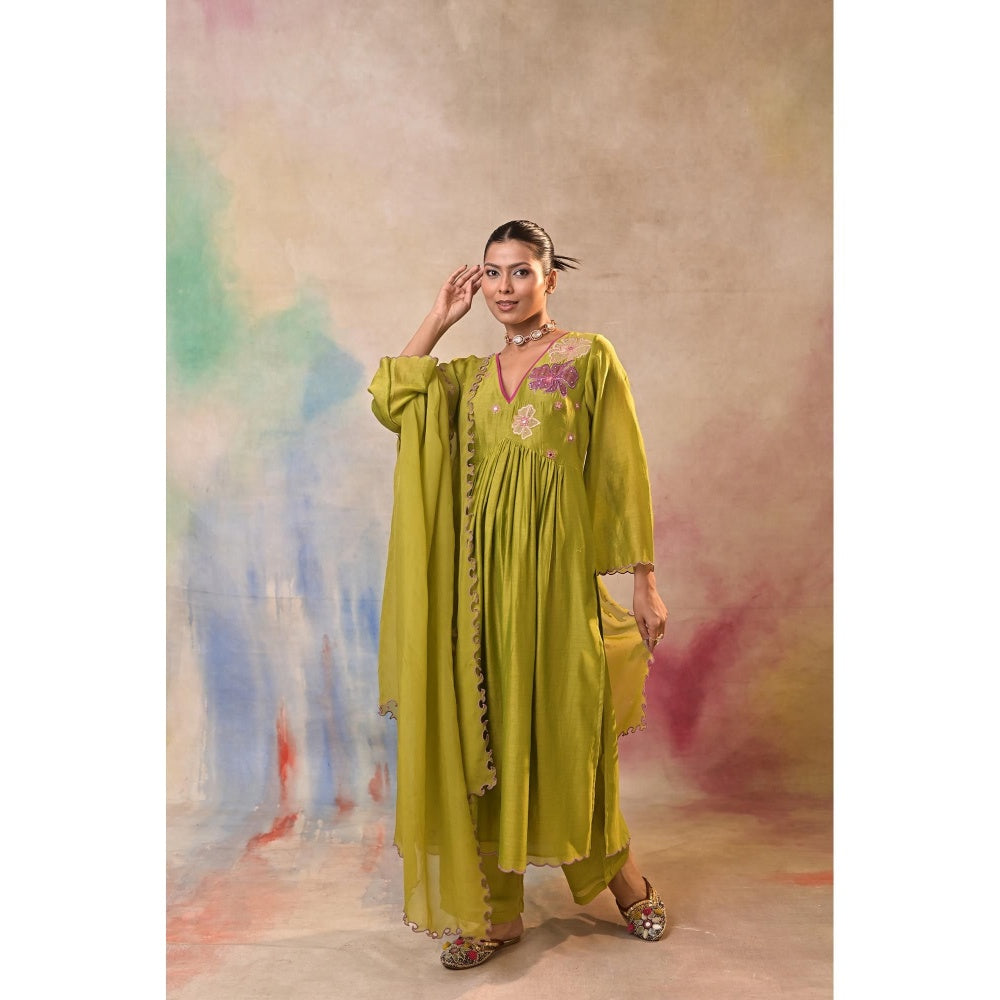 Jasashi Green Floral Embroidered Kurta with Palazzo and Dupatta (Set of 3)
