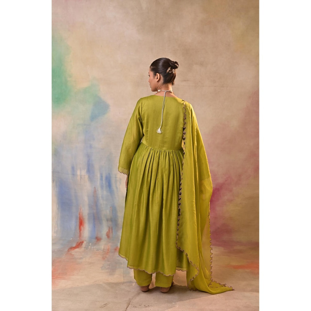 Jasashi Green Floral Embroidered Kurta with Palazzo and Dupatta (Set of 3)