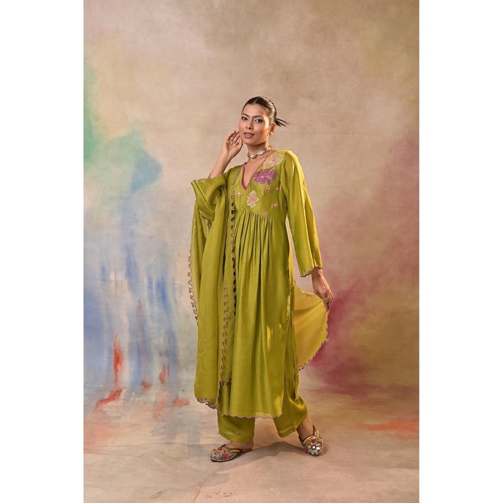 Jasashi Green Floral Embroidered Kurta with Palazzo and Dupatta (Set of 3)