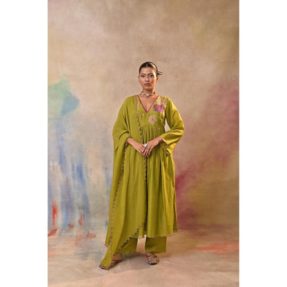 Jasashi Green Floral Embroidered Kurta with Palazzo and Dupatta (Set of 3)