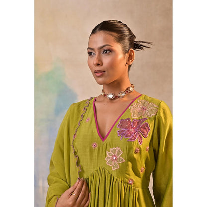 Jasashi Green Floral Embroidered Kurta with Palazzo and Dupatta (Set of 3)