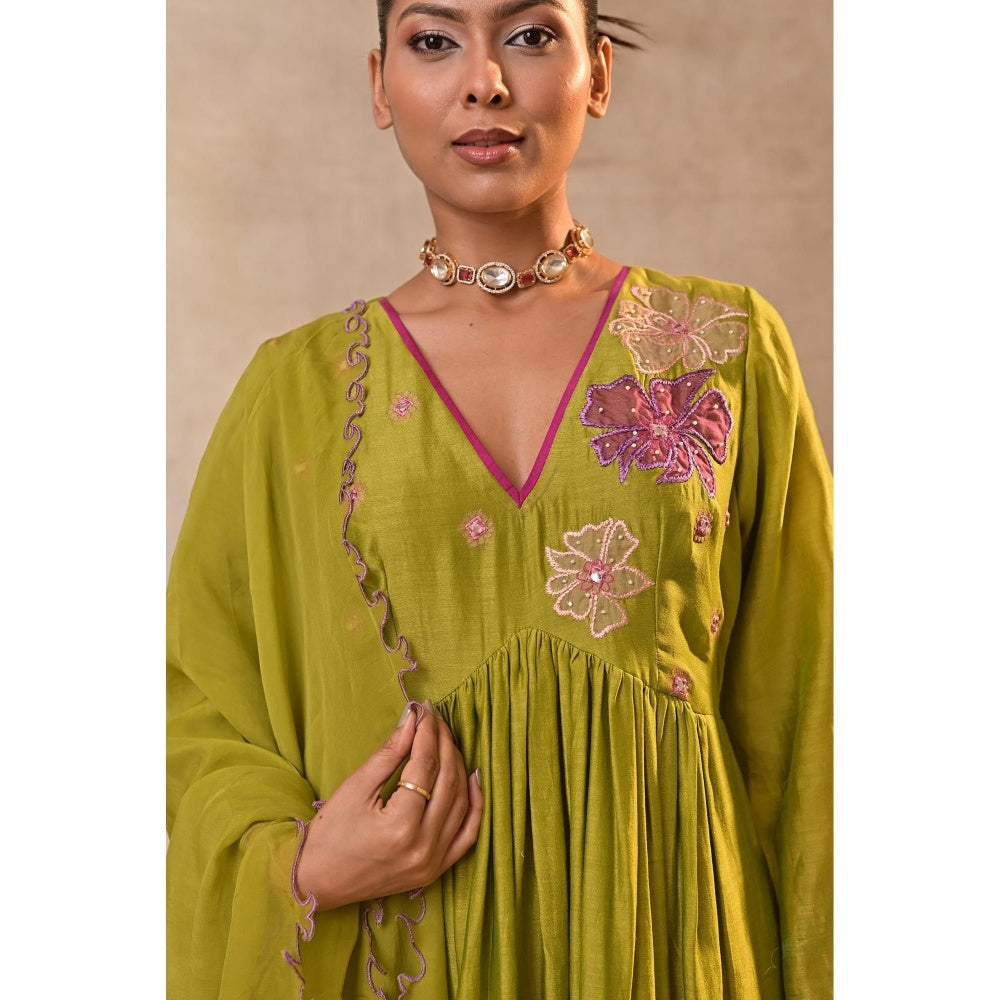 Jasashi Green Floral Embroidered Kurta with Palazzo and Dupatta (Set of 3)