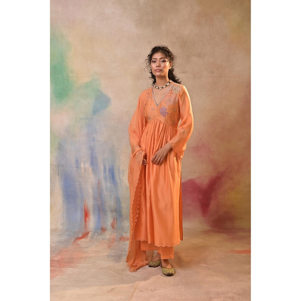 Jasashi Peach Floral Embroidered Kurta with Palazzo and Dupatta (Set of 3)