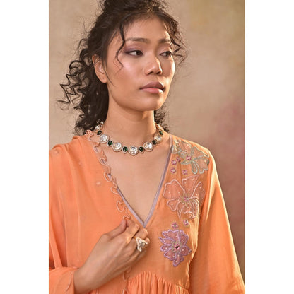 Jasashi Peach Floral Embroidered Kurta with Palazzo and Dupatta (Set of 3)