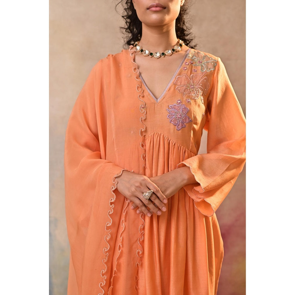 Jasashi Peach Floral Embroidered Kurta with Palazzo and Dupatta (Set of 3)