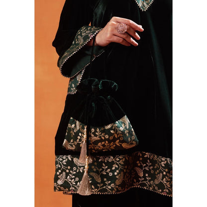 Jasashi Green Velvet Embroidered Kurta with Palazzo (Set of 2)