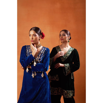Jasashi Green Velvet Embroidered Kurta with Palazzo (Set of 2)