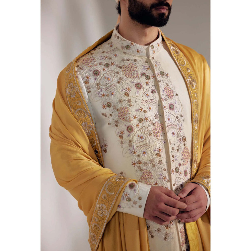 Jatin Malik Ivory Ochre Sherwani (Set of 5)
