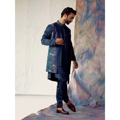 Jatin Malik Portrait In Peacock Blue Shrug (Set of 3)