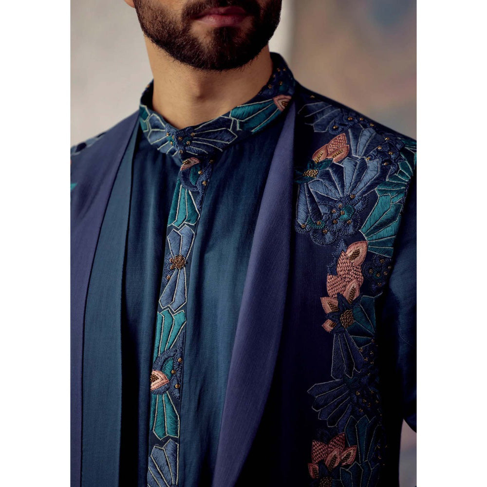 Jatin Malik Portrait In Peacock Blue Shrug (Set of 3)
