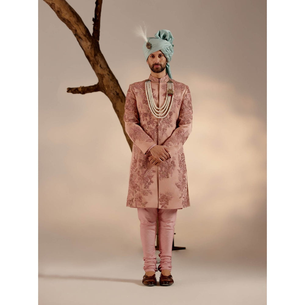 Jatin Malik Orchid Pink Sherwani with Blue Safa (Set of 4)