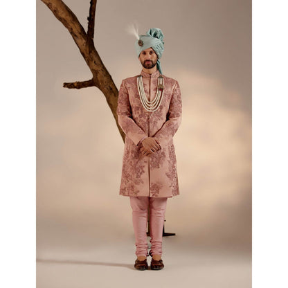 Jatin Malik Orchid Pink Sherwani with Blue Safa (Set of 4)