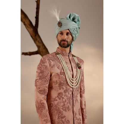 Jatin Malik Orchid Pink Sherwani with Blue Safa (Set of 4)