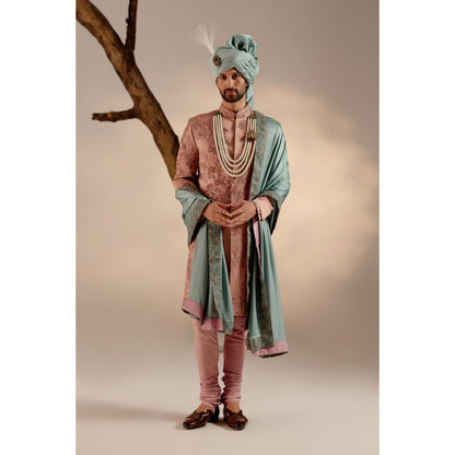 Jatin Malik Orchid Pink Sherwani with Blue Safa (Set of 4)