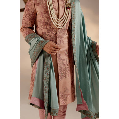 Jatin Malik Orchid Pink Sherwani with Blue Safa (Set of 4)