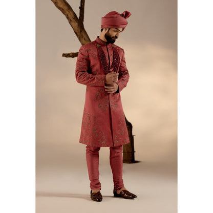 Jatin Malik Red Ochre Sherwani with Safa (Set of 4)