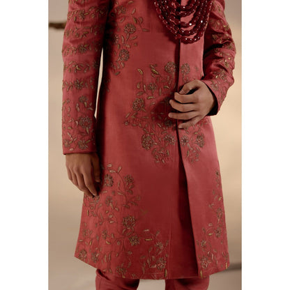 Jatin Malik Red Ochre Sherwani with Safa (Set of 4)