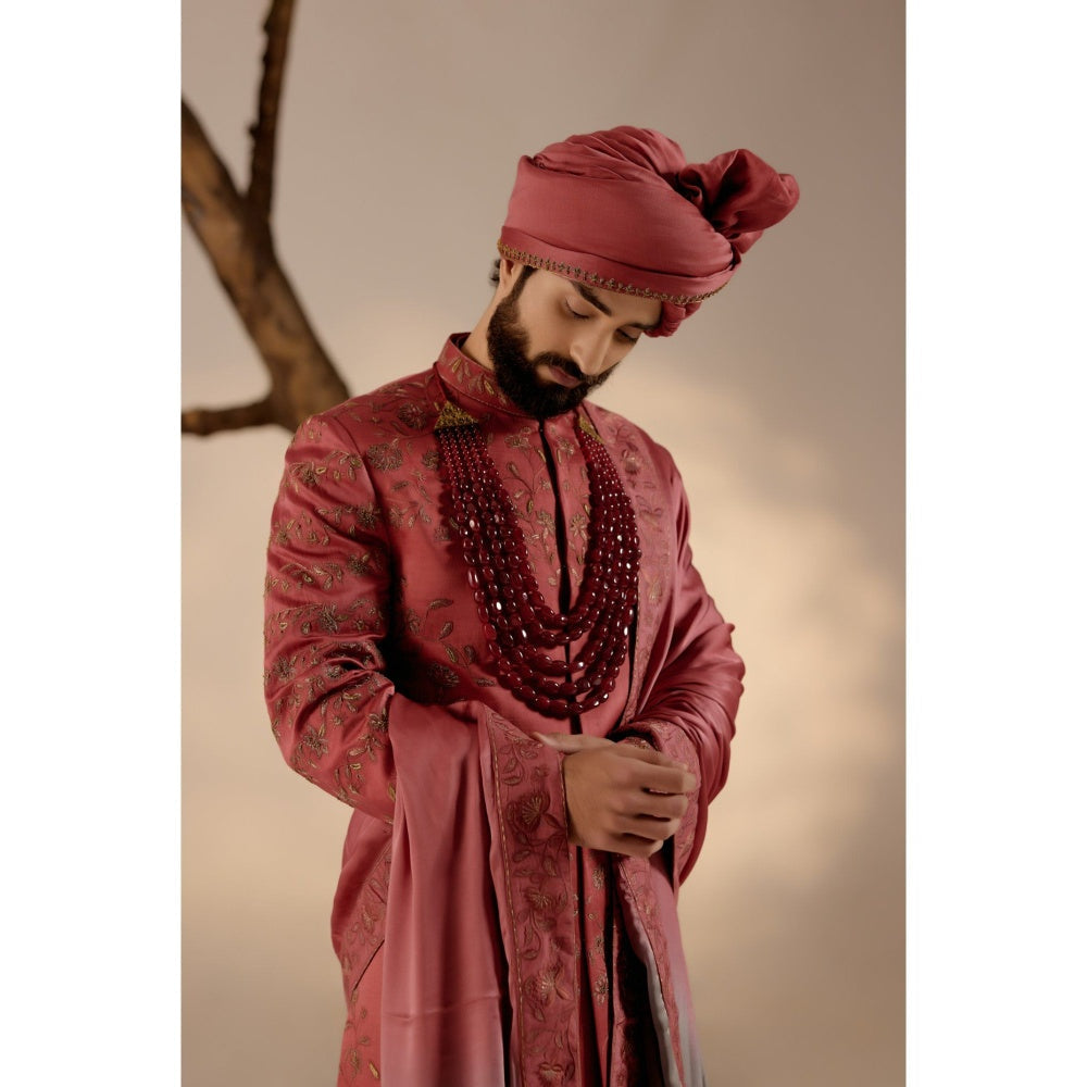 Jatin Malik Red Ochre Sherwani with Safa (Set of 4)