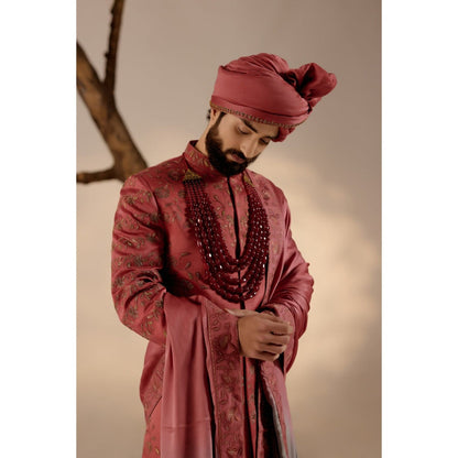 Jatin Malik Red Ochre Sherwani with Safa (Set of 4)