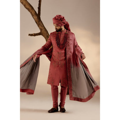 Jatin Malik Red Ochre Sherwani with Safa & Stole (Set of 5)