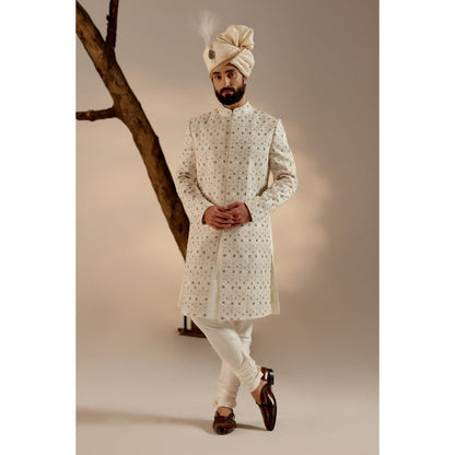Jatin Malik Albino White Sherwani with Safa (Set of 4)