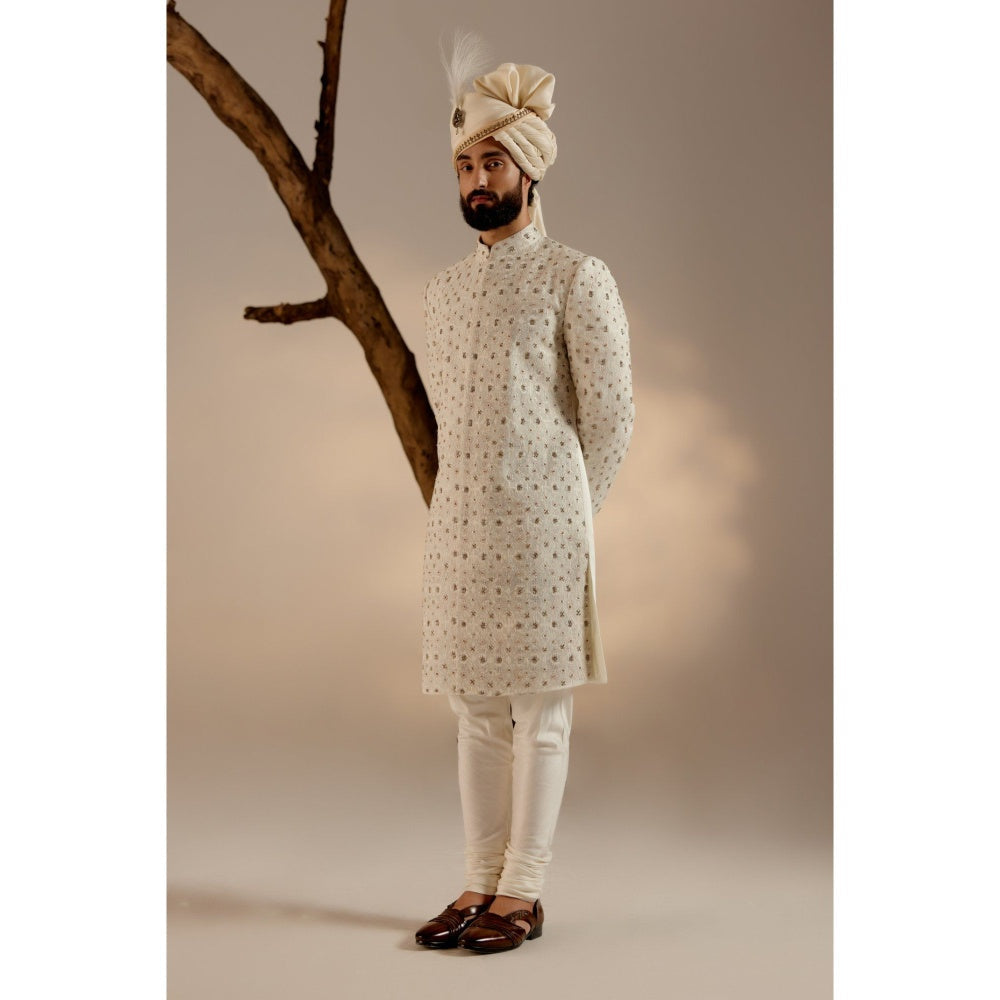 Jatin Malik Albino White Sherwani with Safa (Set of 4)