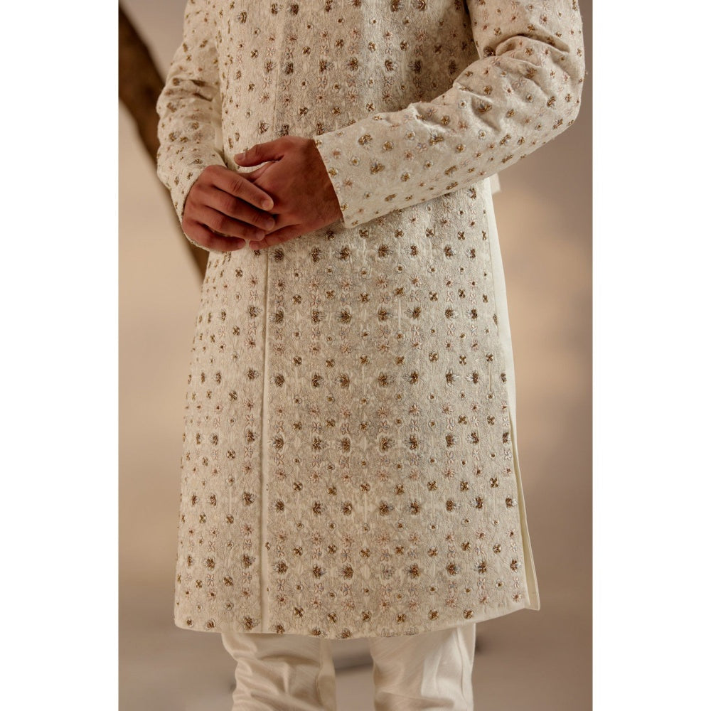 Jatin Malik Albino White Sherwani with Safa (Set of 4)