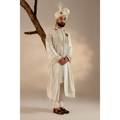 Jatin Malik Albino White Sherwani with Safa & Stole (Set of 5)