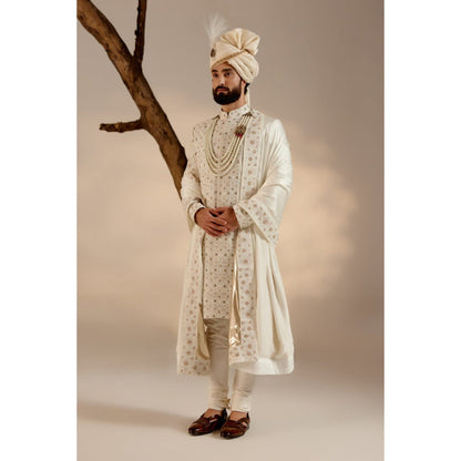 Jatin Malik Albino White Sherwani with Safa & Stole (Set of 5)