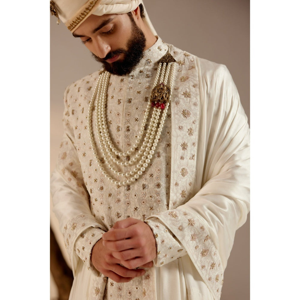 Jatin Malik Albino White Sherwani with Safa & Stole (Set of 5)