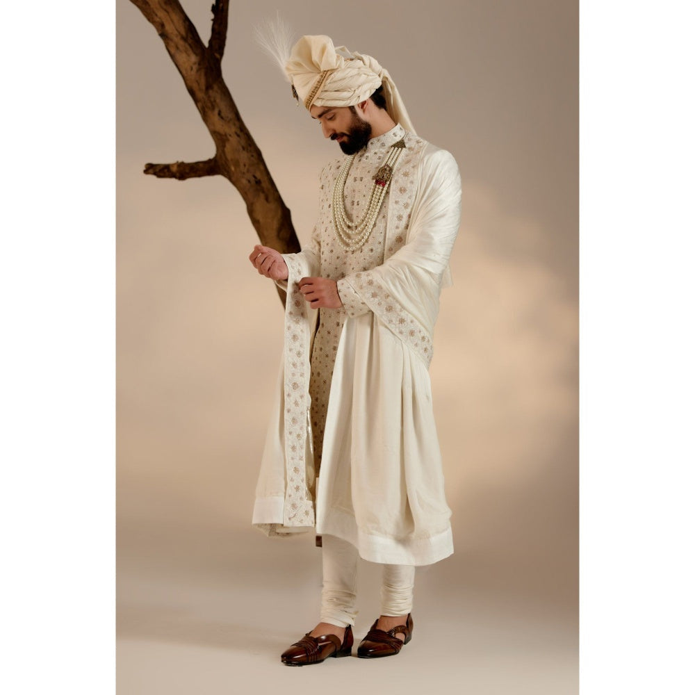 Jatin Malik Albino White Sherwani with Safa & Stole (Set of 5)