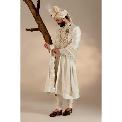 Jatin Malik Albino White Sherwani with Safa & Stole (Set of 5)
