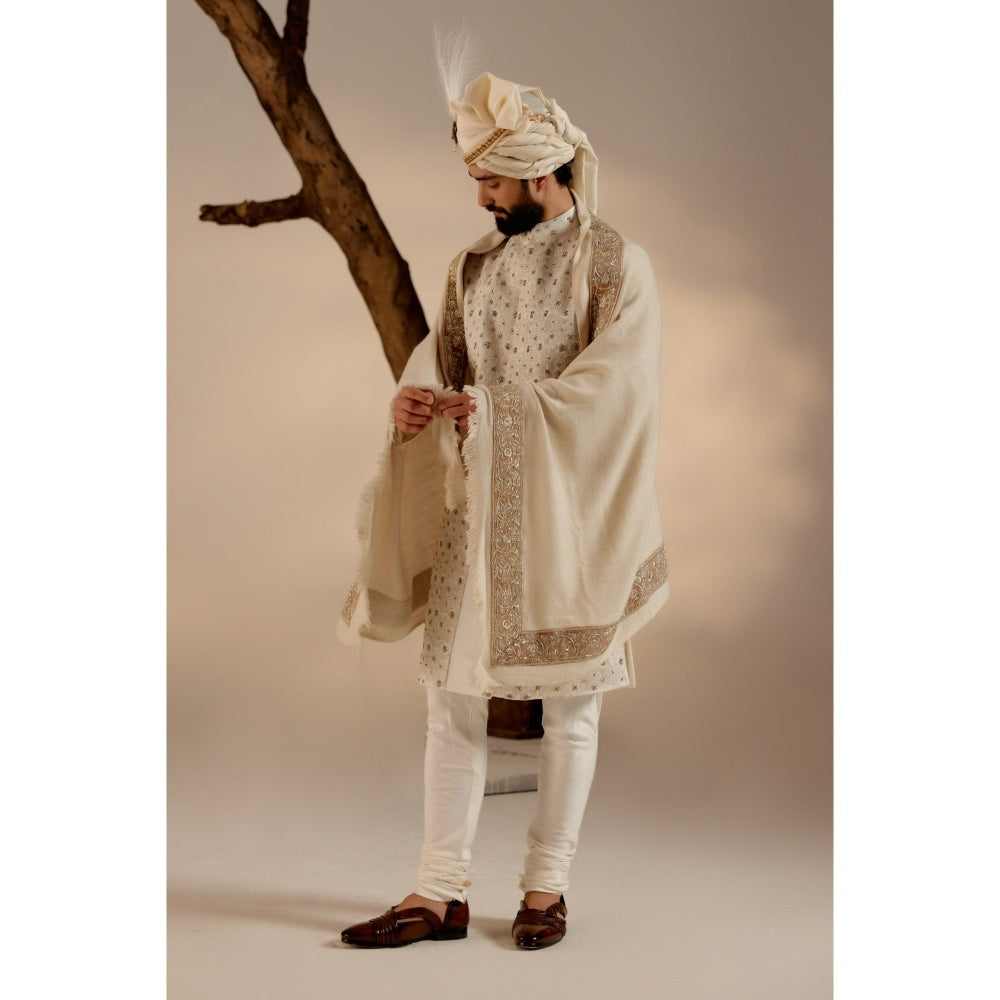 Jatin Malik Turtle Dove Sherwani with Pashmina Shawl & Safa (Set of 5)