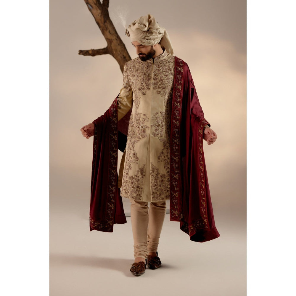 Jatin Malik Sand Ridge Sherwani with Red Stole & Safa (Set of 5)