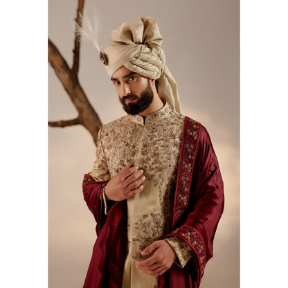 Jatin Malik Sand Ridge Sherwani with Red Stole & Safa (Set of 5)