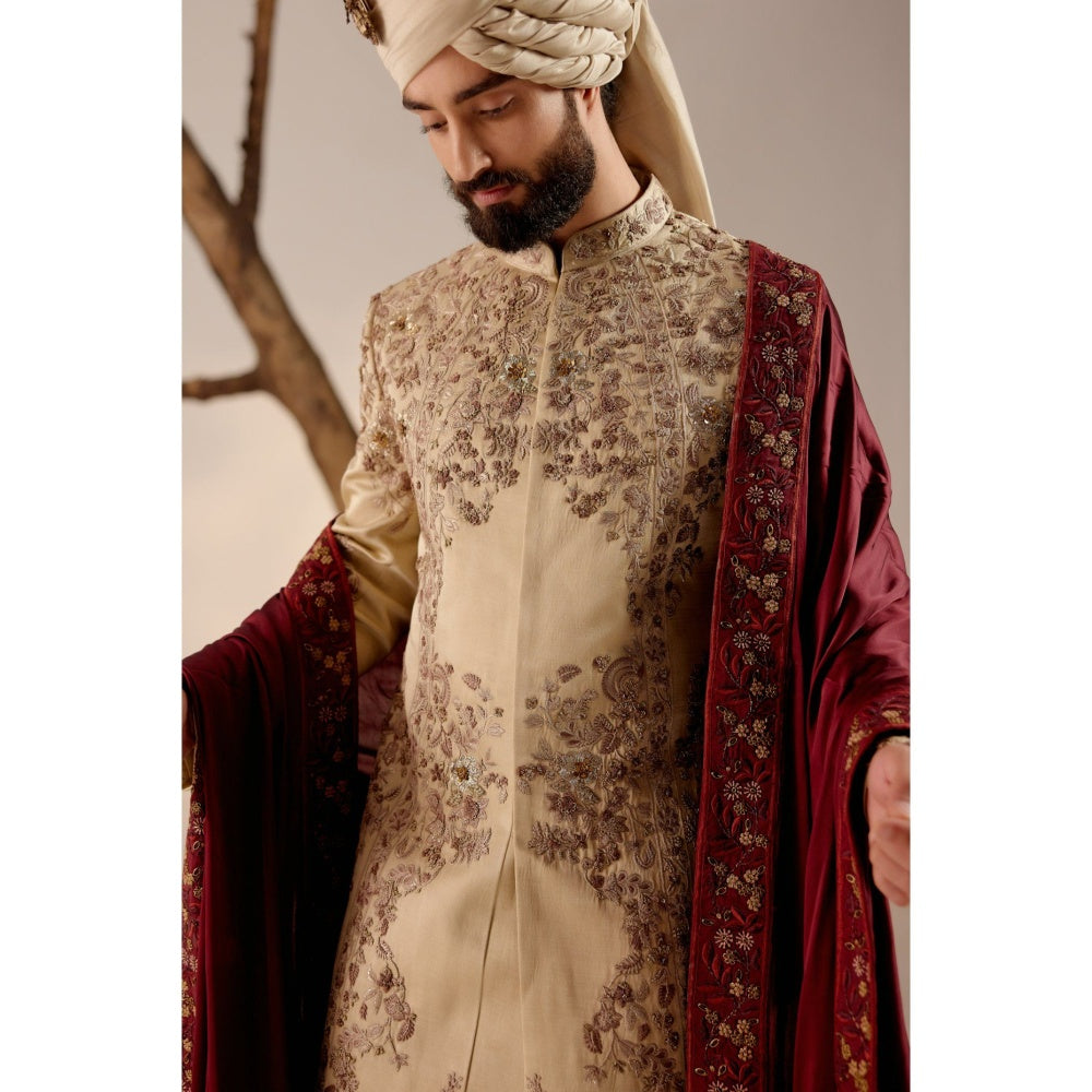Jatin Malik Sand Ridge Sherwani with Red Stole & Safa (Set of 5)