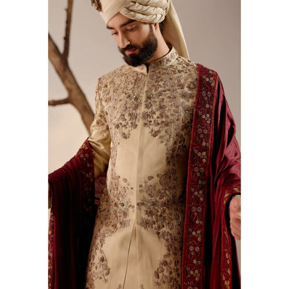 Jatin Malik Sand Ridge Sherwani with Red Stole & Safa (Set of 5)