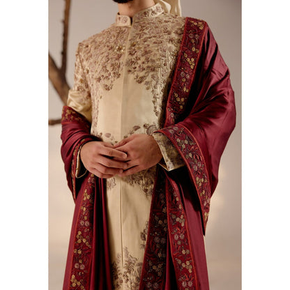 Jatin Malik Sand Ridge Sherwani with Red Stole & Safa (Set of 5)