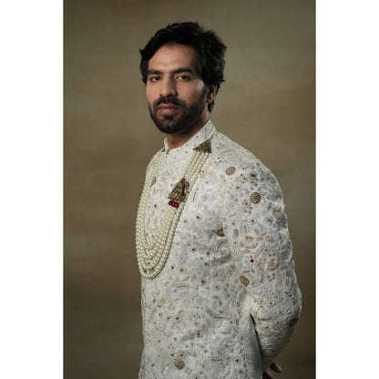 Jatin Malik Ivory & Gold Sherwani (Set of 3)