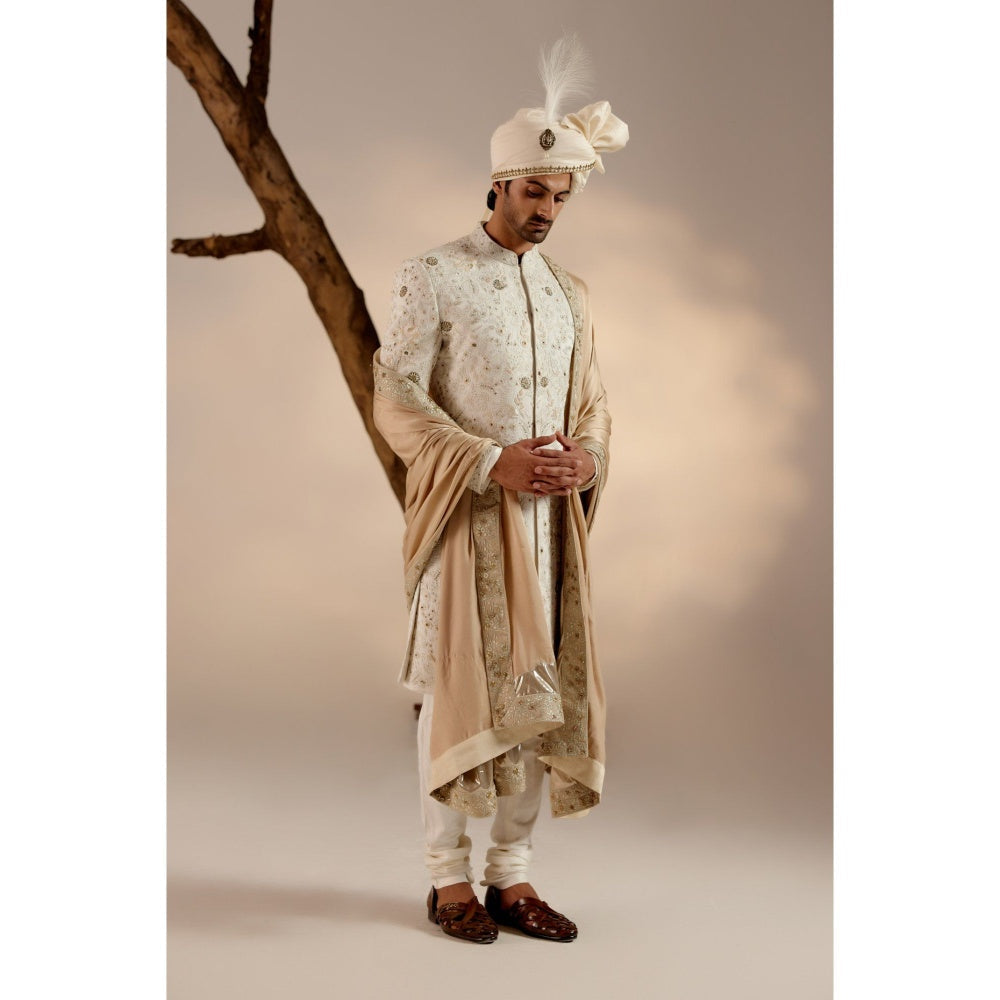 Jatin Malik Ivory & Gold Sherwani with Stole & Safa (Set of 5)