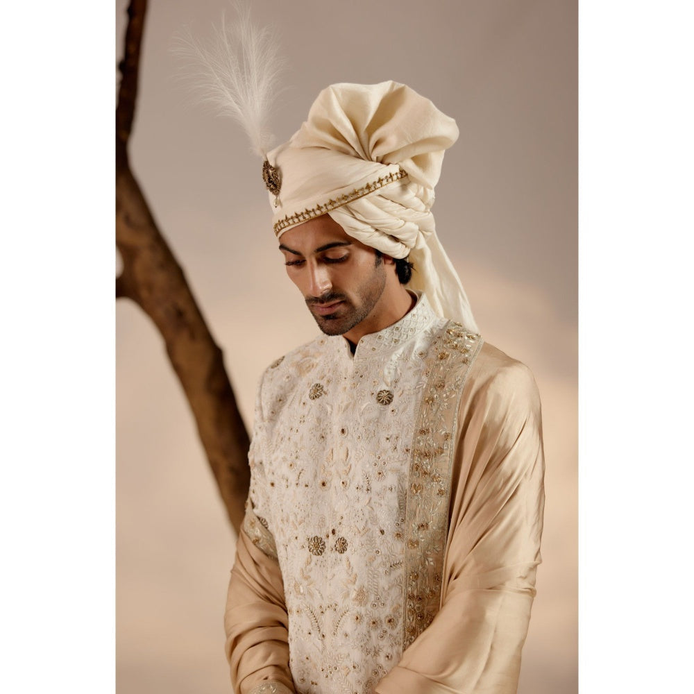 Jatin Malik Ivory & Gold Sherwani with Stole & Safa (Set of 5)