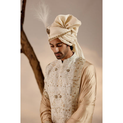 Jatin Malik Ivory & Gold Sherwani with Stole & Safa (Set of 5)