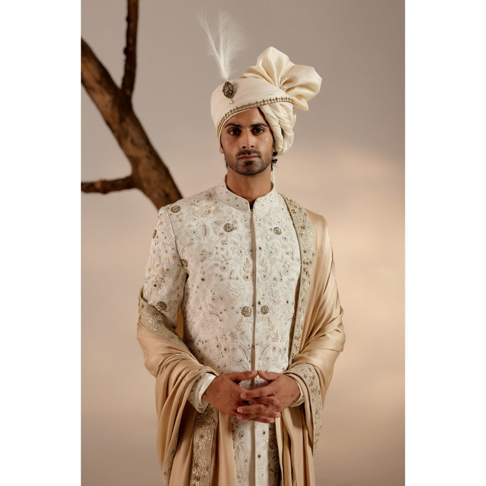 Jatin Malik Ivory & Gold Sherwani with Stole & Safa (Set of 5)